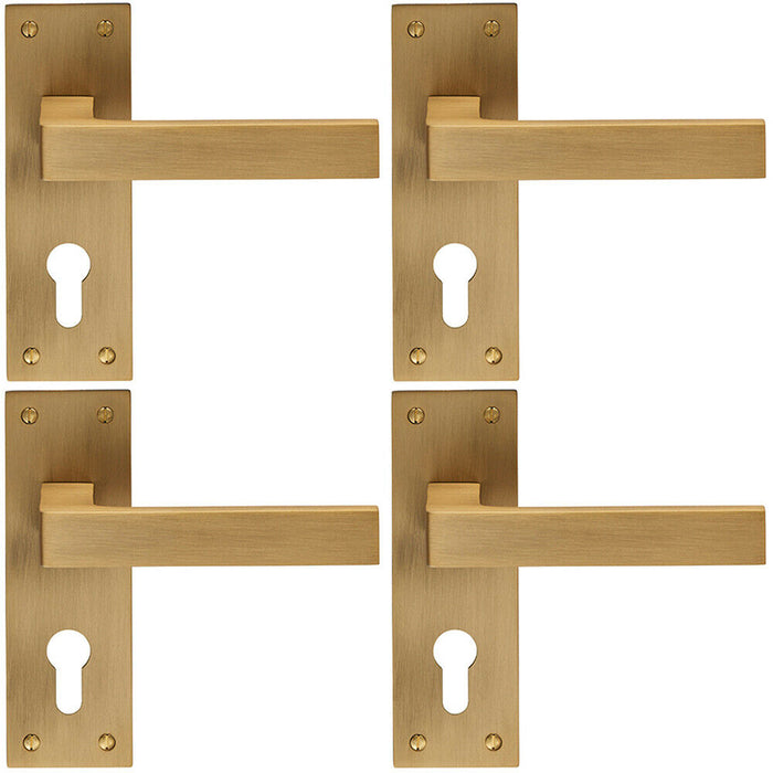 4x PAIR Straight Square Handle on Euro Lock Backplate 150 x 50mm Antique Brass Loops