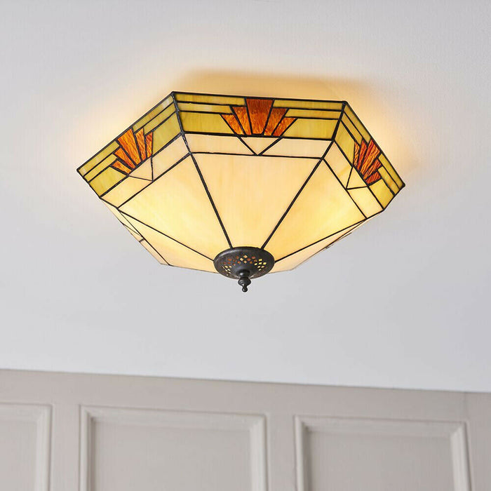 Tiffany Glass Semi Flush Ceiling Light Cream & Red Inverted Hex Shade i00058 Loops