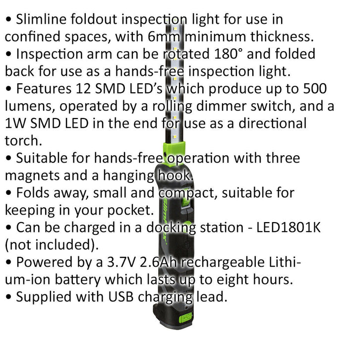 Slimline Folding Inspection Light - 12 SMD + 1W SMD LED - Rechargeable Loops