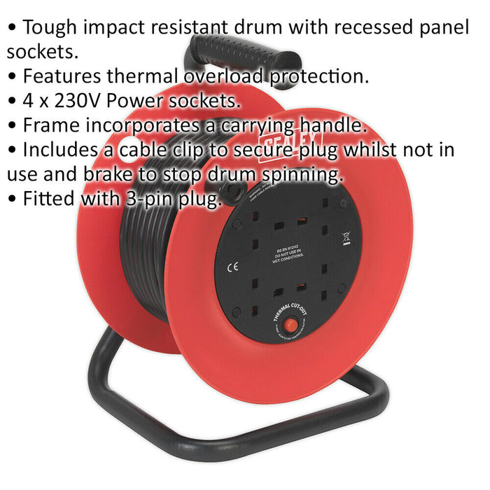 25m Heavy Duty Cable Reel with Thermal Trip - 4  230V Plug Socket Extension Lead Loops