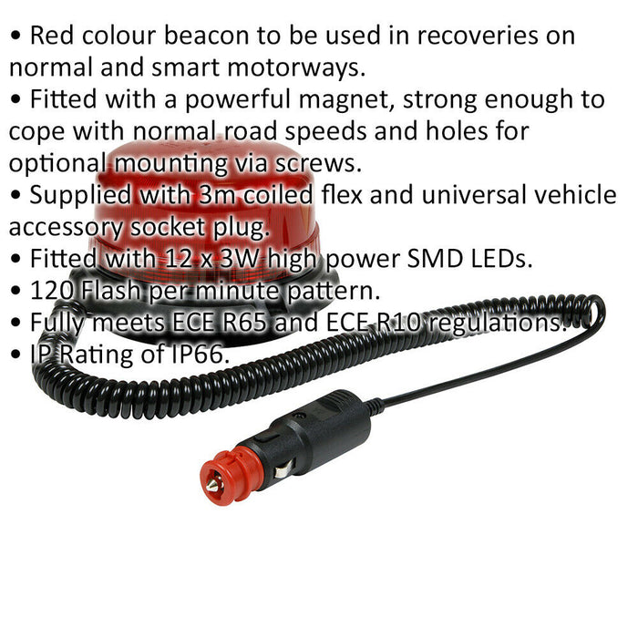 12V / 24V LED Rotating Red Beacon Light & Magnetic Base Mount - Warning Lamp Loops