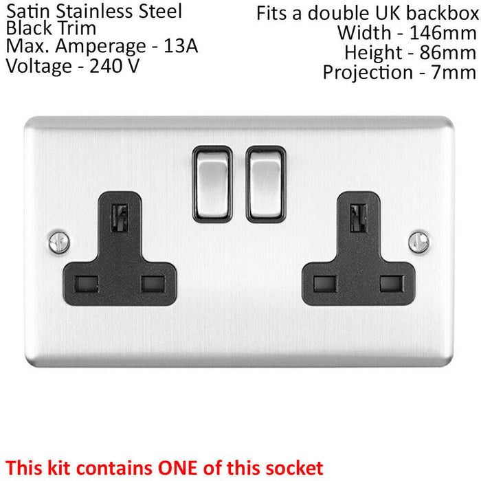 Bedside Plug Socket Pack-2x Single / USB & 1x Twin Gang-SATIN STEEL / Black 13A Loops