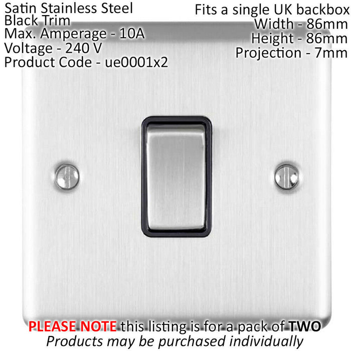 2 PACK 1 Gang Single Light Switch SATIN STEEL 2 Way 10A Black Trim & Metal Loops