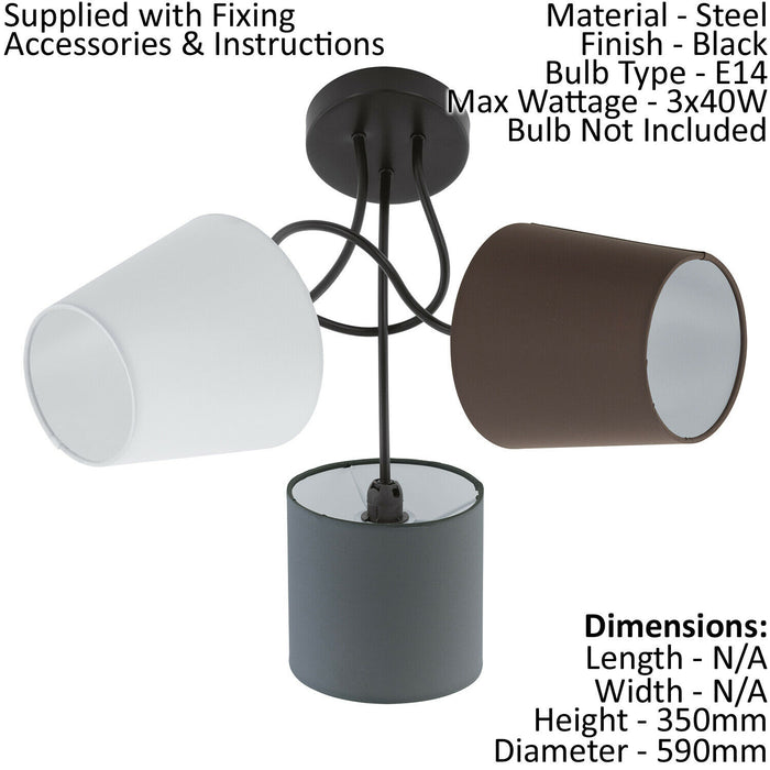 Flush Ceiling Light Black Shade Anthracite White Brown Fabric Bulb E14 3x40W Loops