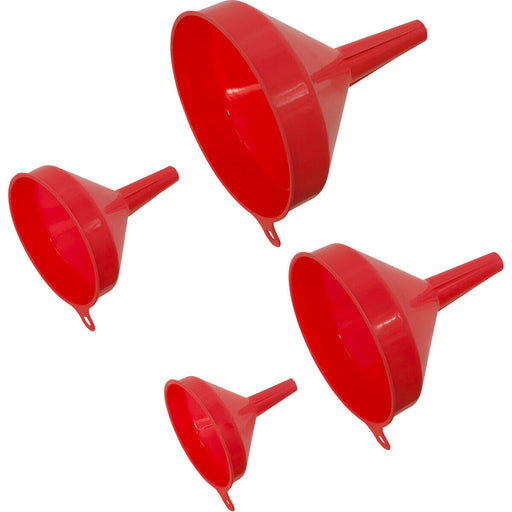 4 Piece Fixed Spout Funnel Set - 77mm 96mm 113mm & 138mm Funnels - Hanging Tabs Loops