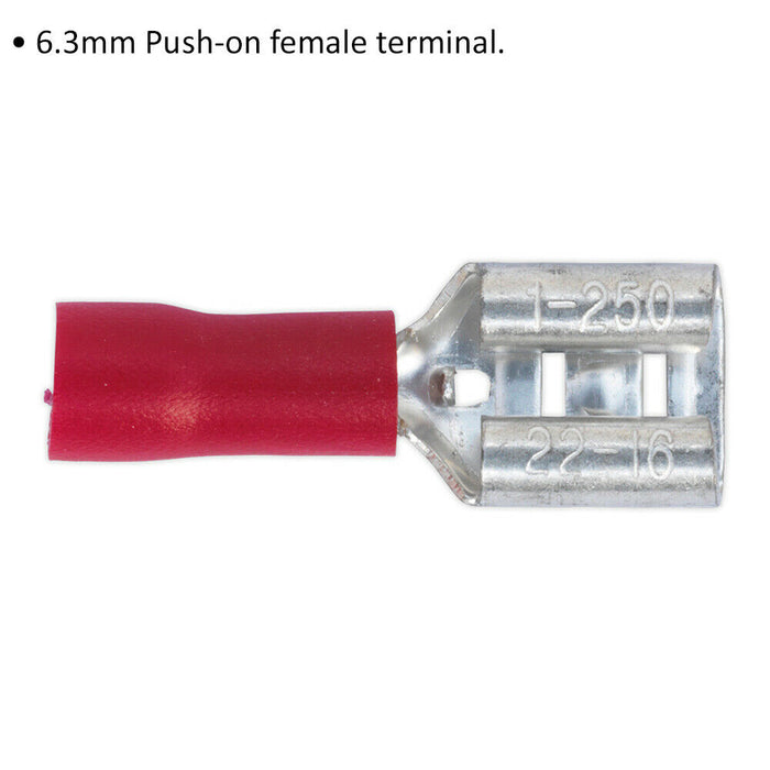 100 PACK 6.3mm Push-On Female Terminal - Suitable for 22 to 18 AWG Cable - Red Loops
