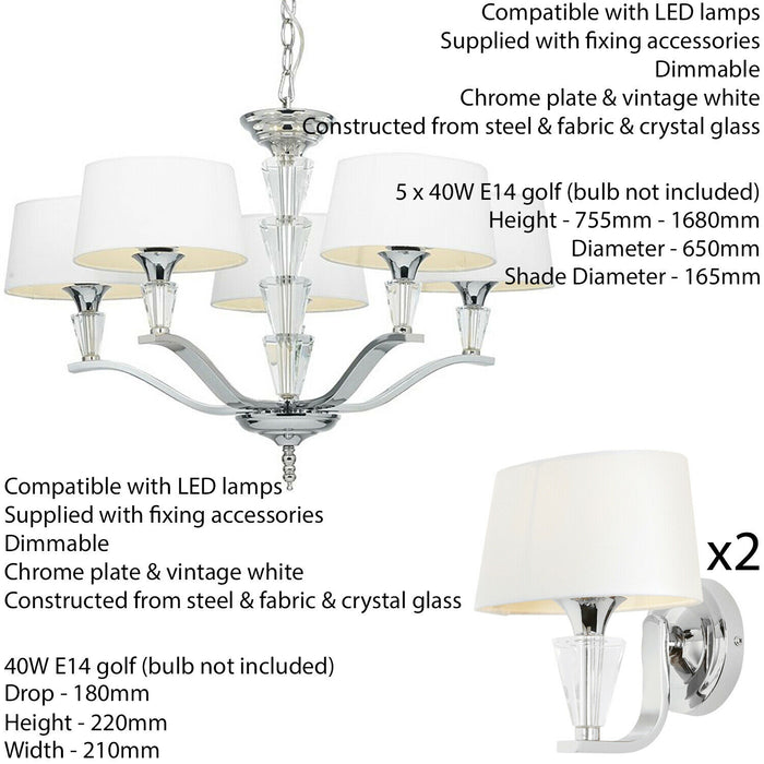 5 Lamp Ceiling & 2x Matching Wall Light Pack Chrome Arm & White Shade Chandelier Loops