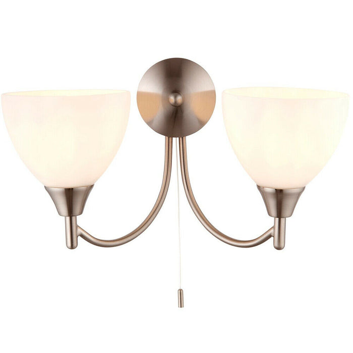 Dimmable LED Twin Wall Light Satin Chrome & Frosted Glass Curved Lamp Lighting Loops