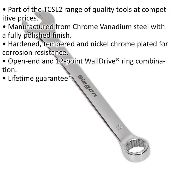 Hardened Steel Combination Spanner - 11mm - Polished Chrome Vanadium Wrench Loops