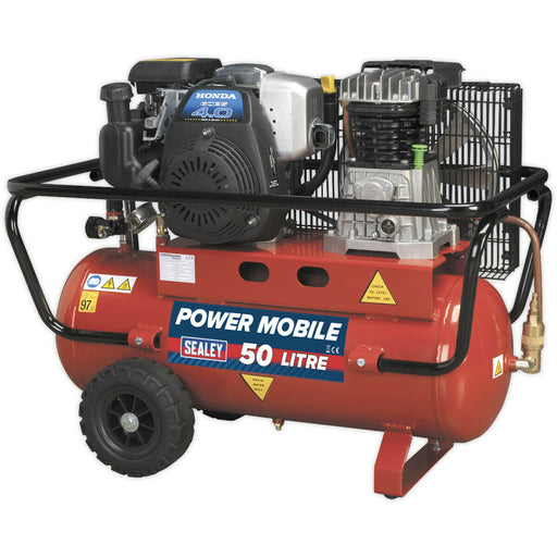50 Litre Belt Drive Air Compressor - 4hp Petrol Engine - Twin Gauge & Air Outlet Loops