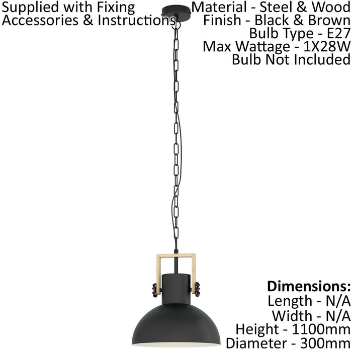 Ceiling Pendant Light & 2x Matching Wall Lights Black & Wood Industrial Shade Loops
