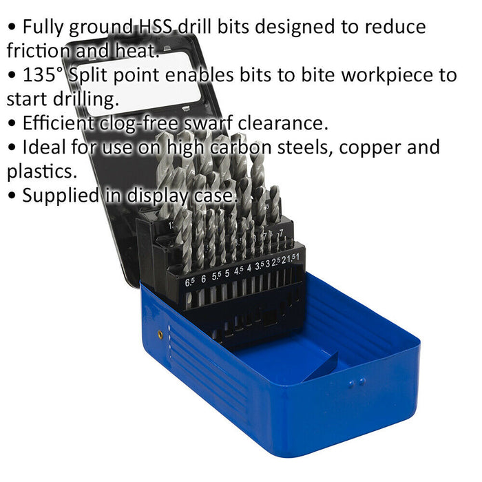 25 Piece Fully Ground HSS Drill Bit Kit - 1mm to 13mm Sizes - Split Point Tip Loops