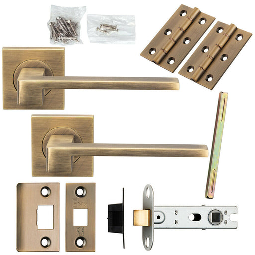 Door Handle & Latch Pack Antique Brass Straight Lever Screwless Square Rose Loops