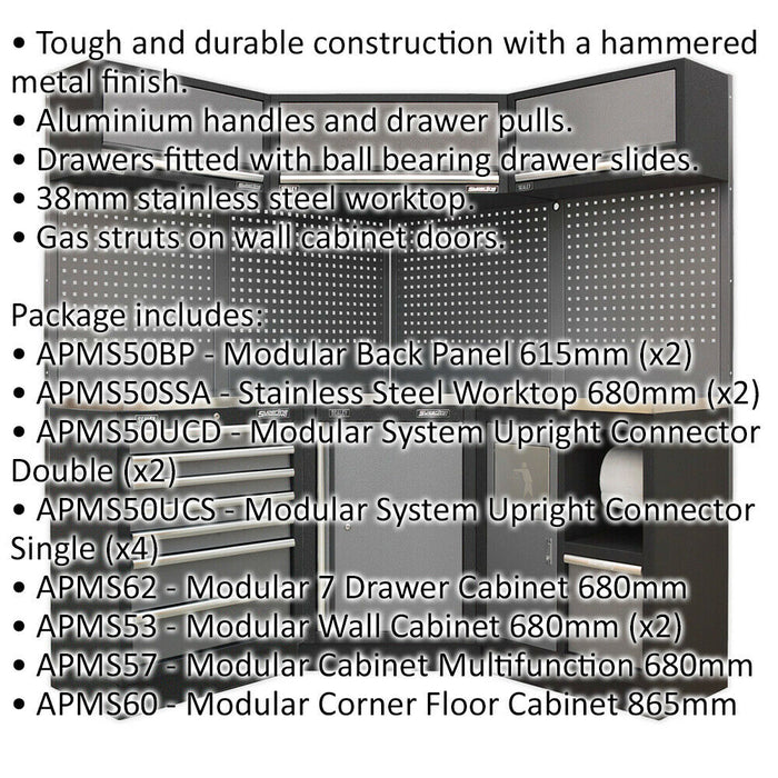 All-in-One 1.6m Garage Corner Storage System - Modular - Stainless Steel Worktop Loops