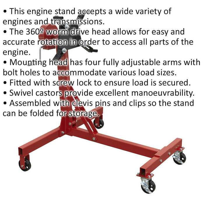 450kg Folding Worm Drive Engine Stand - Fully Adjustable Mounting Arms - Castors Loops