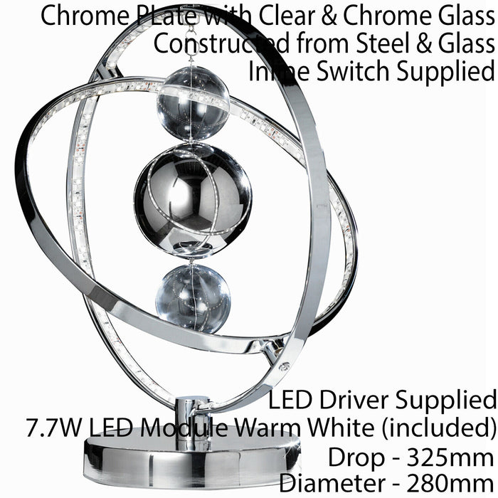 7.7W LED Table Lamp Warm White Unique Chrome Glass Ball Bedside Hoop Ring Light Loops