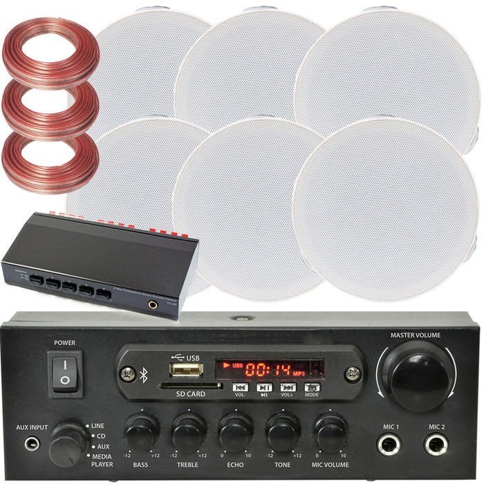 Bluetooth Ceiling Music Kit 3 Zone Stereo Amplifier & 6x Mini Flush Speakers