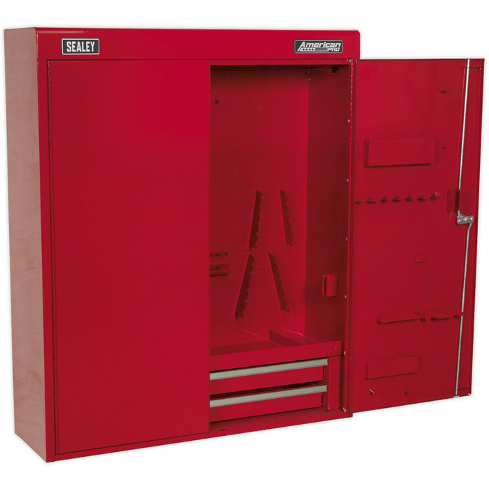 750 x 225 x 890 Wall Mounted 2 Drawer Tool Cabinet - RED - Lockable Storage Unit Loops