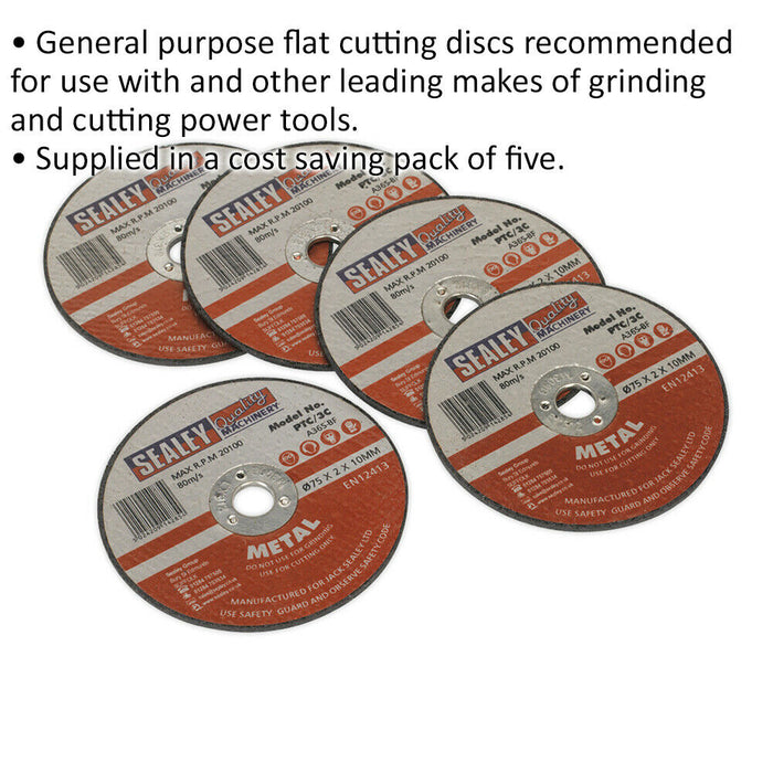 5 PK 75 x 2mm Flat Metal Cutting Disc - 10mm Bore - Heavy Duty Angle Grinder Loops