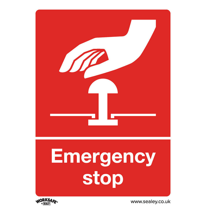 1x EMERGENCY STOP Health & Safety Sign - Rigid Plastic 75 x 100mm Warning Plate Loops