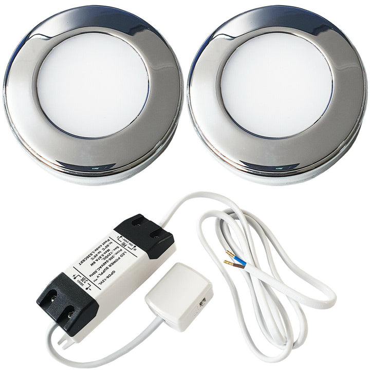 2x 2.6W LED Kitchen Cabinet Surface Spot Lights & Driver Chrome Natural White Loops