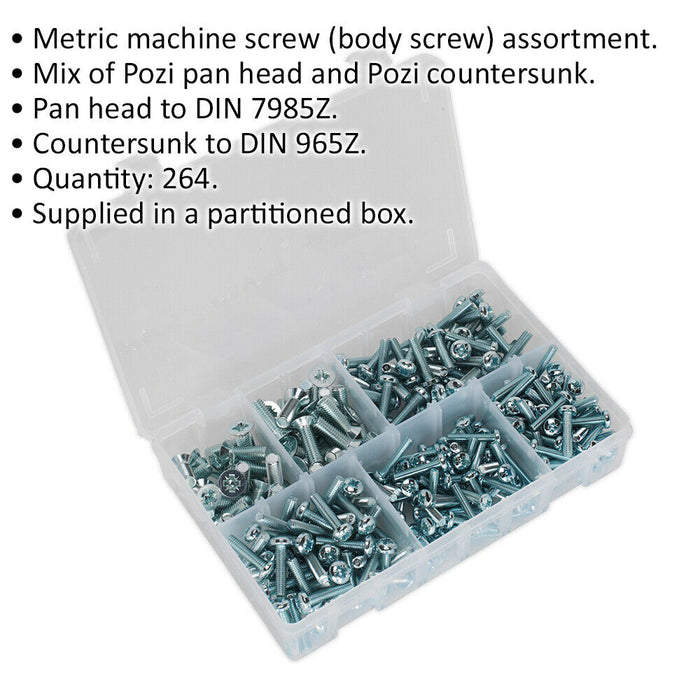 264 Piece Machine Screw Assortment - M5 to M8 - Countersunk & Pan Head Pozi Loops