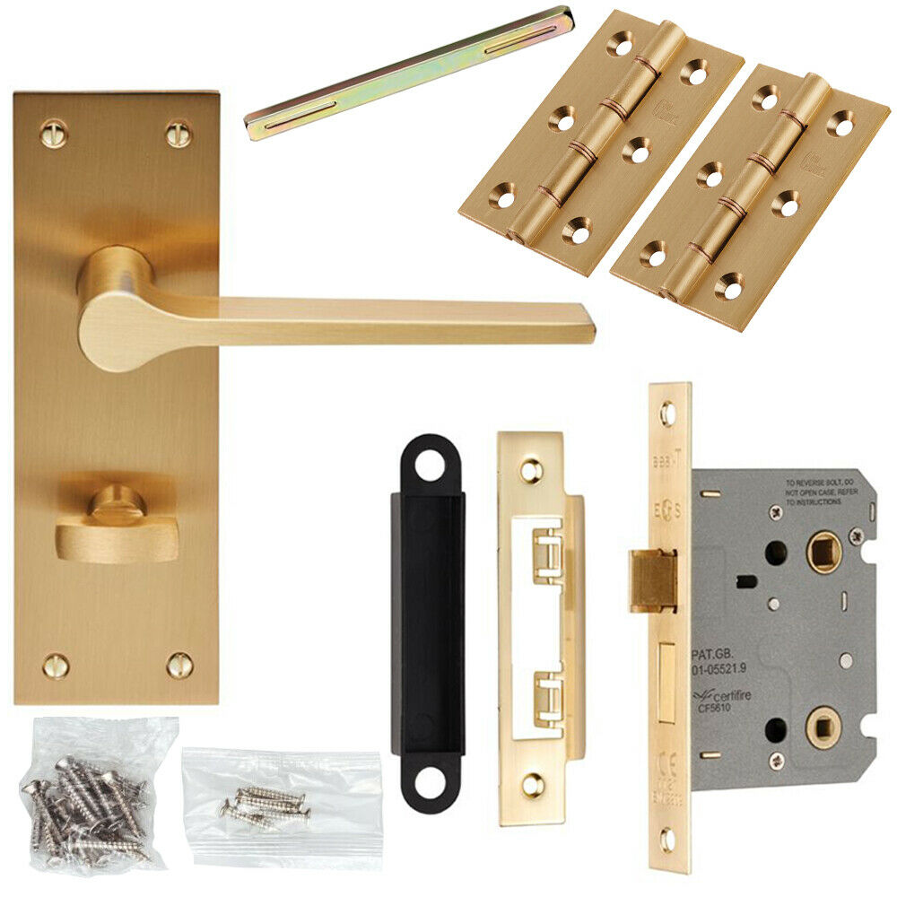 Door Handle & Bathroom Lock Pack Satin Brass Flat Lever Thumb Turn Backplate Loops