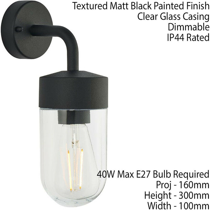 IP44 Outdoor Wall Light Curved Matt Black & Glass Shade Mini Nautical Lantern Loops