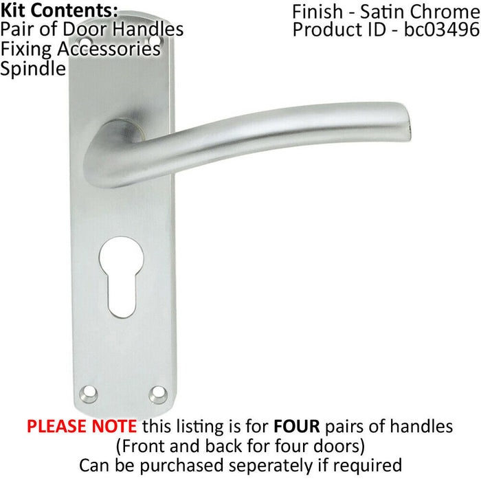 4x Rounded Curved Bar Handle on Euro Lock Backplate 170 x 42mm Satin Chrome Loops