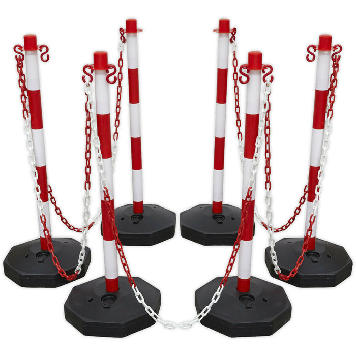 25m Post & Chain Kit - High Vis Red & White - 6 x Posts - Safety Barrier Loops