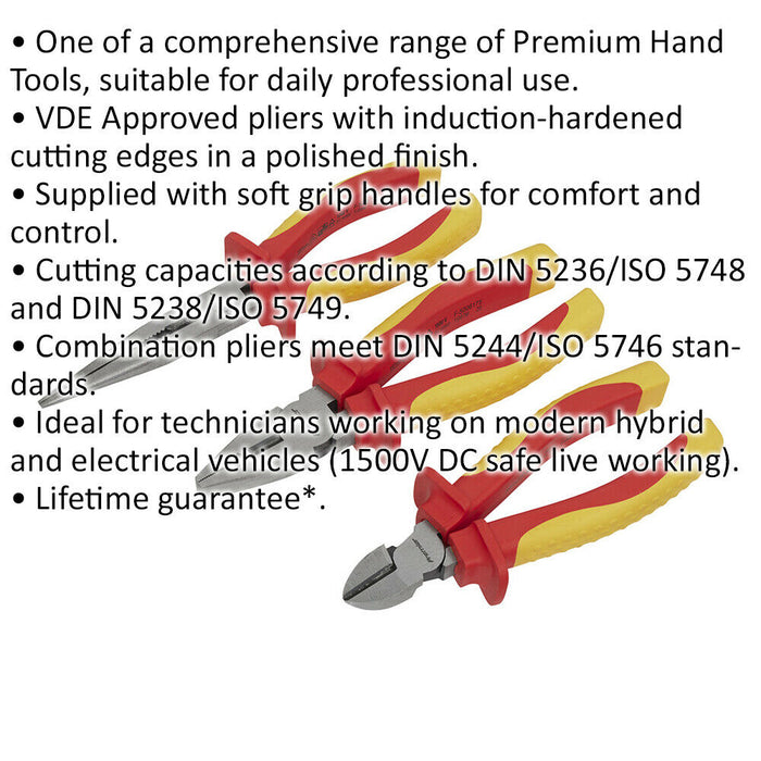 3 Piece Pliers Set - Hardened Cutting Edges - Soft Grip Handles - VDE Approved Loops