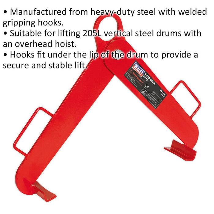 2-Leg 205L Drum Grab - 500kg Weight Limit - Heavy Duty Steel - Overhead Hoist Loops