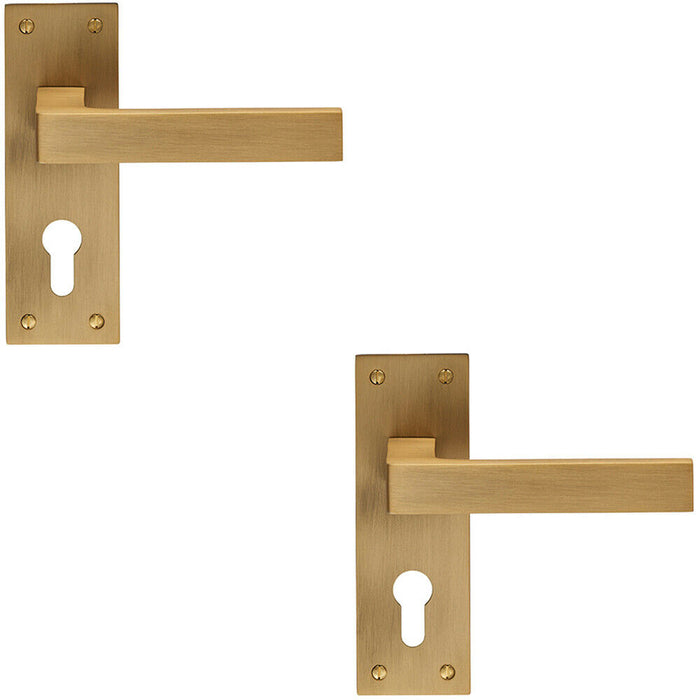 2x PAIR Straight Square Handle on Euro Lock Backplate 150 x 50mm Antique Brass Loops