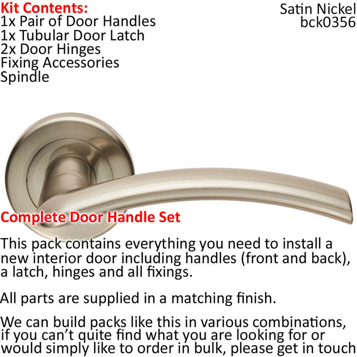Door Handle & Latch Pack Satin Nickel Flat Arched Lever Screwless Round Rose Loops