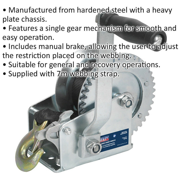 Geared Hand Winch with Webbing - 540kg Capacity - Manual Break - Hardened Steel Loops