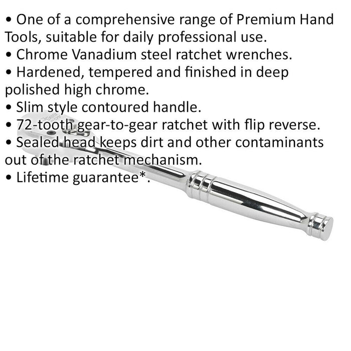 72-Tooth Dust-Free Ratchet Wrench - 3/8 Inch Sq Drive - Flip Reverse Mechanism Loops