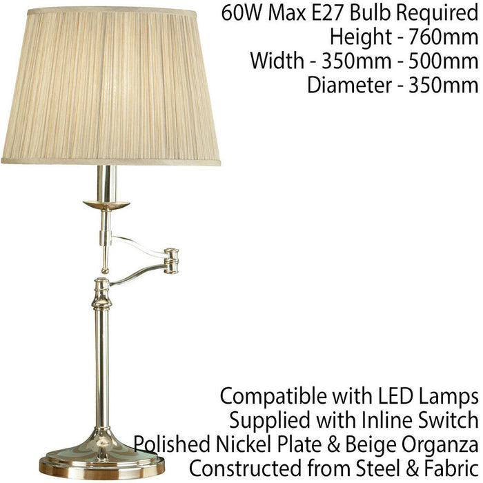 Avery Luxury Swing Arm Table Lamp Bright Nickel & Beige Shade Adjustable Light Loops