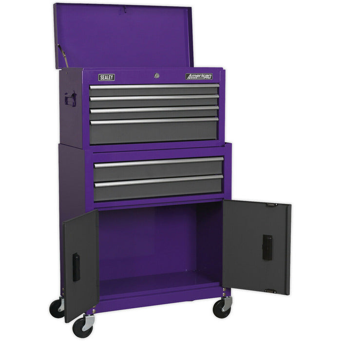 615 x 295 x 705mm PURPLE 6 Drawer Topchest & Rollcab Combination Tool Chest Unit Loops