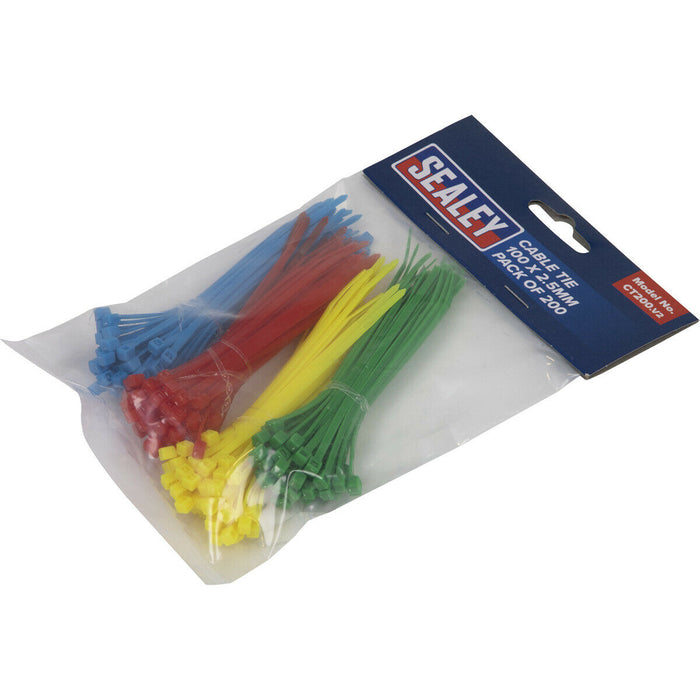 200 PACK Cable Ties - 100 x 2.5mm - Blue Red Green & Yellow - Zip Tie Assortment Loops