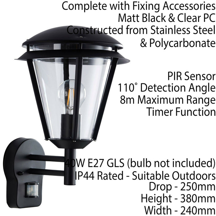 IP44 Outdoor Wall Lamp Matt Black Steel Modern PIR Lantern Porch Curved Move Loops