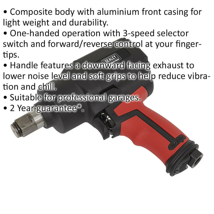 Compact Air Impact Wrench - 3/4 Inch Sq Drive - Twin Hammer - 3-Speed Selector Loops