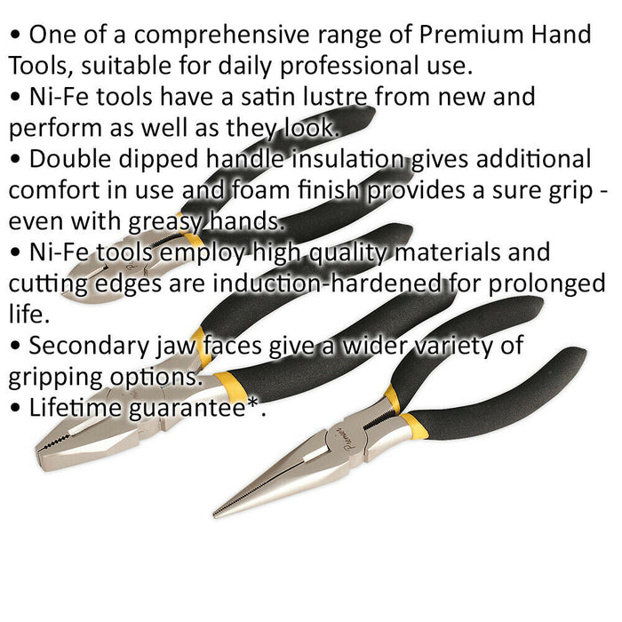 3 Piece Nickel-Ferrous Pliers Set - Combination Long Nose & Side Cutters - Ni-Fe Loops