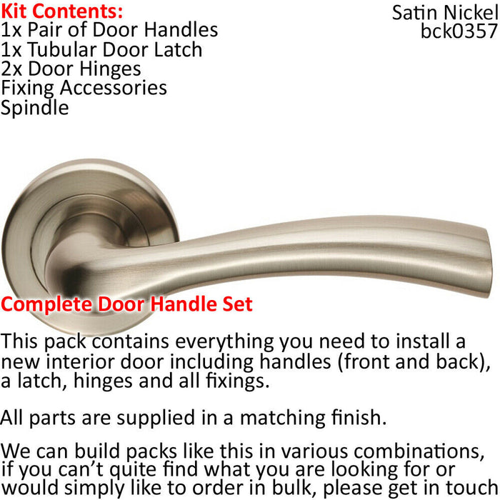 Door Handle & Latch Pack Satin Nickel Curved Flared Lever Screwless Round Rose Loops