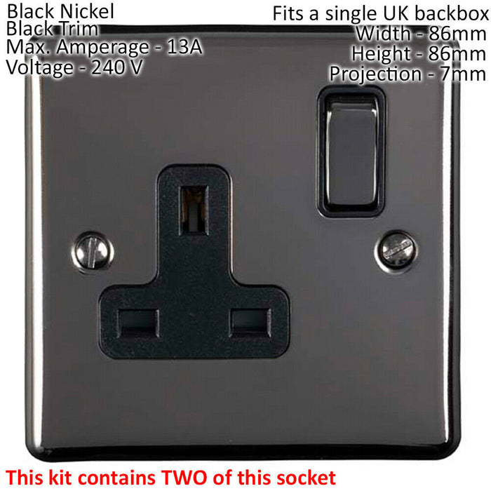 UK Plug Socket Pack -1x Twin & 2x Single Gang- BLACK NICKEL / Black 13A Switched Loops