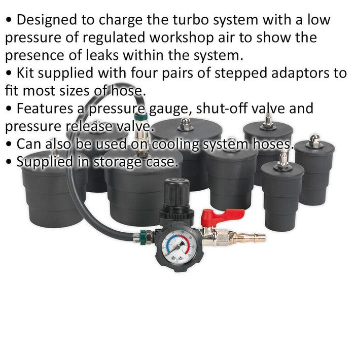 Turbo System Leakage Tester - 35mm to 90mm Adaptors - Pressure Gauge - Case Loops