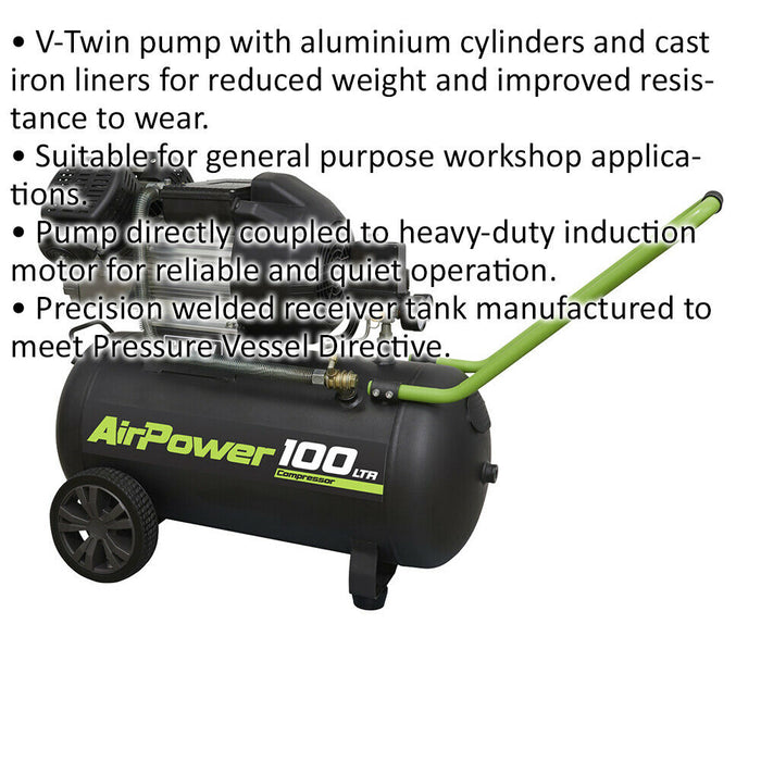 V-Twin Direct Drive Air Compressor - 100L Capacity Tank - 3hp Induction Motor Loops