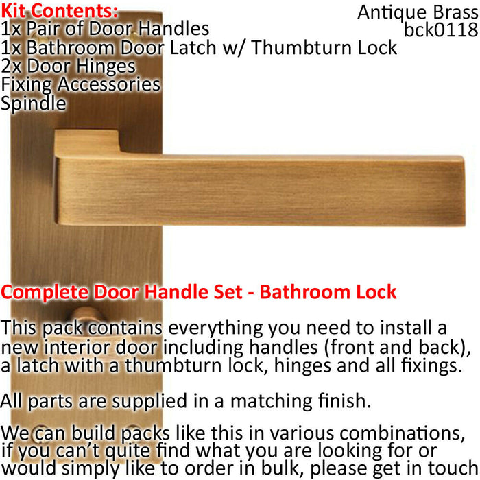 Door Handle & Bathroom Lock Pack Antique Brass Square Lever Turn Backplate Loops