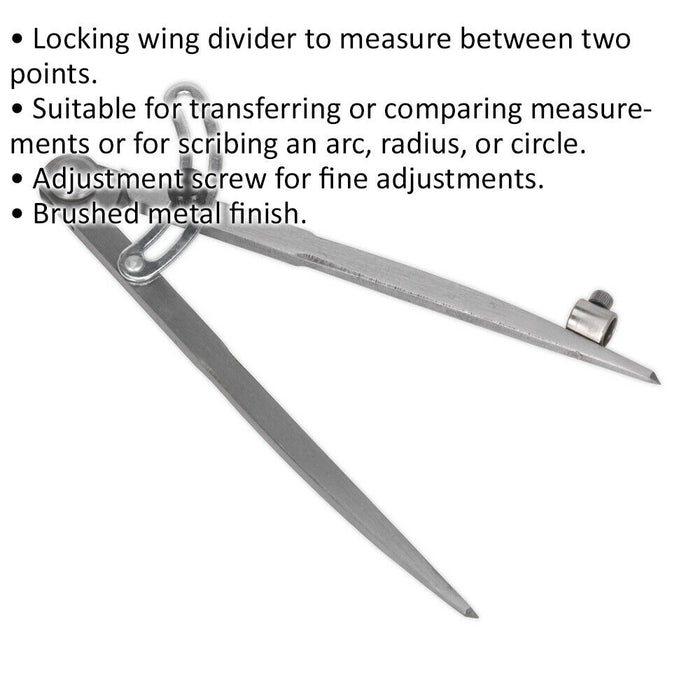 200mm Locking Wing Divider with Compass - Two Point Measurement - Adjustable Loops