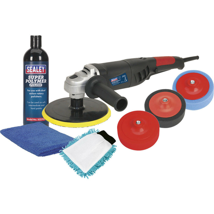 PREMIUM 180mm Electric Polisher Kit - 230V 1100W - 3x Car Foam Buffing Heads Loops