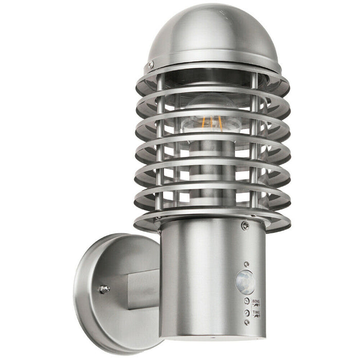 IP44 Outdoor Wall Lamp Brushed Steel Caged Slotted Lantern PIR Move Porch Light Loops
